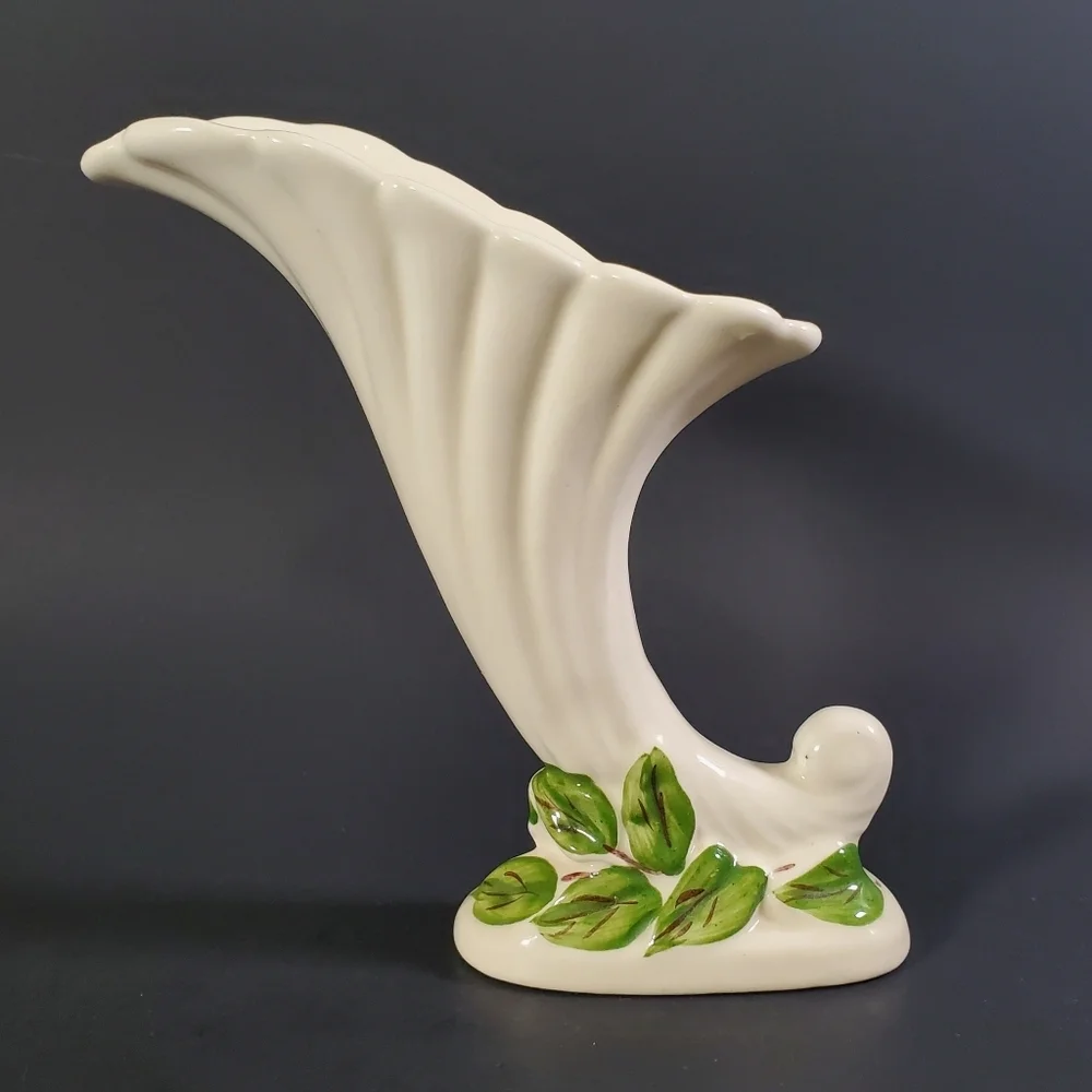 Hand Painted Cornucopia Vase Mid Century Horn of Plenty Decor Vintage MCM